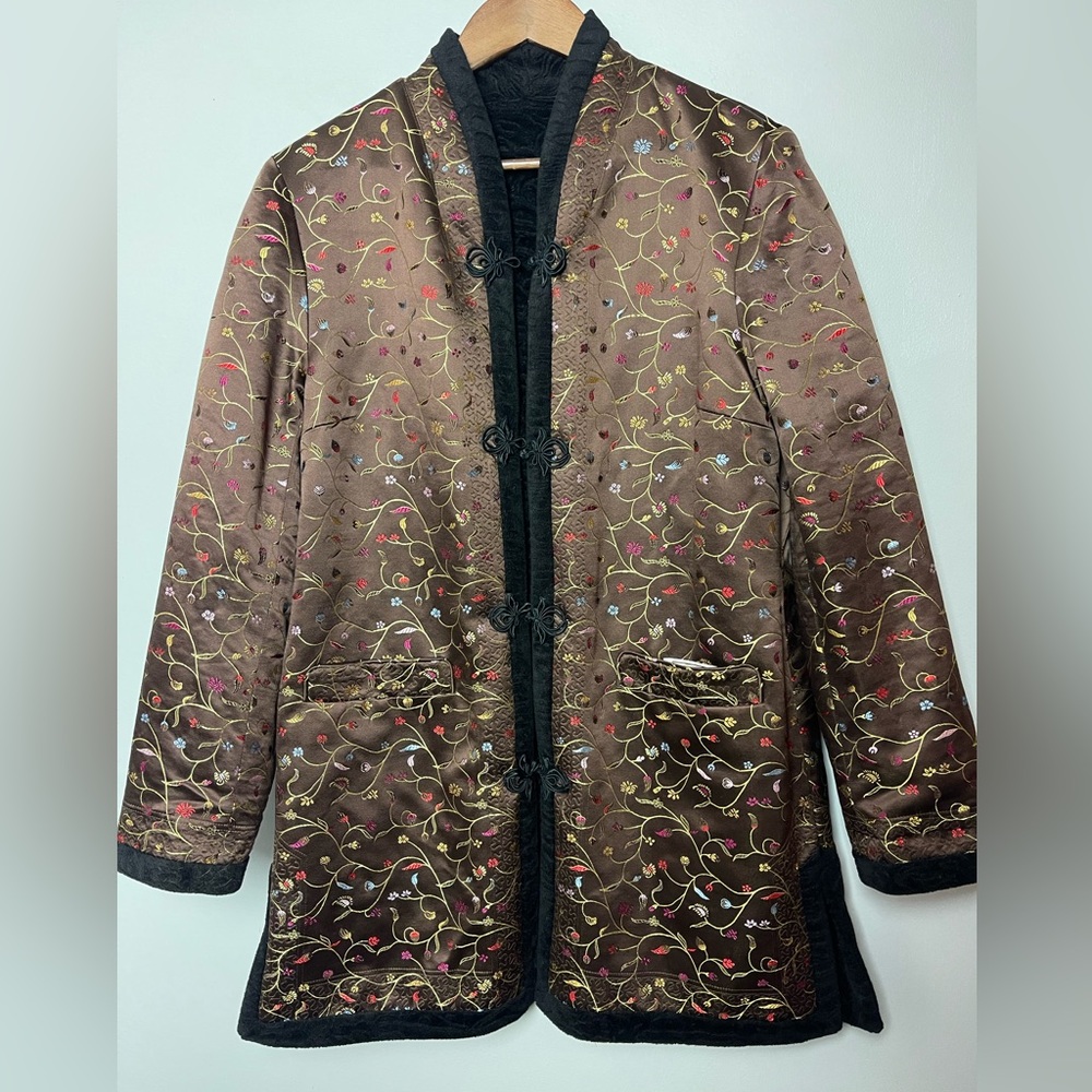 Vintage Retro Jenni Max Reversible Long Coat Black Floral Vine Pockets‎ Jacket